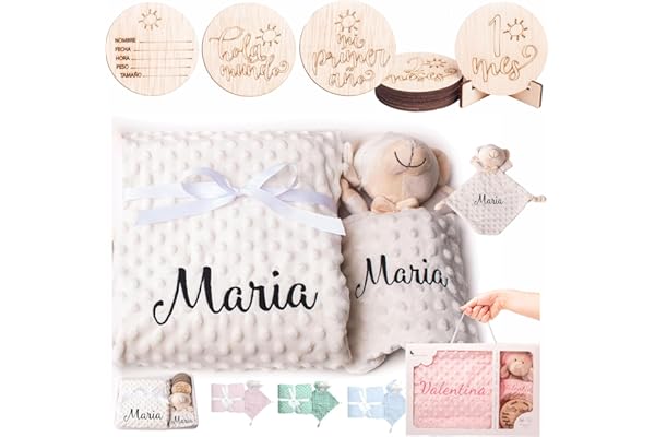 Olesea Manta Bebé Personalizada con Nombre Bordado+Placas Cumplemes +Dou Dou–Regalo Recién Nacido Niño o Niña – Cesta Canastilla Bebé Regalos Padres Primerizos Mamas Primerizas