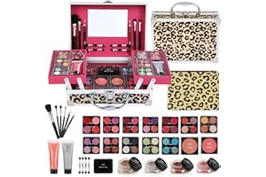 Anpro Estuche de Maquillaje Todo en Uno con Diseño Leopardo, Incluye Set de Maquillaje Profesional para Adolescentes, Pinceles, Paleta de Sombras, Regalo Ideal para Niñas - Amarillo Leopardo