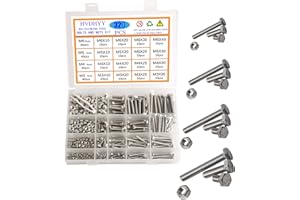 HVDHYY Śruby z łbem sześciokątnym DIN 933, M3, M4, M5, M6, zestaw śrub i nakrętek A2-70, śruby gwintowane, nakrętki i nakrętki ze stali nierdzewnej, zawiera 16 najpopularniejszych rozmiarów, z