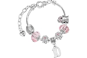 CHARM BUDDY Girls 10th Birthday Sparkly Pink Crystal and Silver Plated Adjustable Celebration Charm Bracelet with Gift Box 10th Birthday Presents 10th Birthday Gifts for Girls Age 10 Girls Gifts