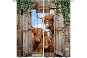 YCness Highland Cow Curtains, Country Farm Animal Window Treatments for Farmhouse Kitchen, Western Wildlife Bull Sunflower Print Rod Pocket 2 Panel Sets, 42x45 Inch