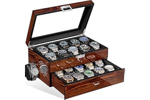 BEWISHOME Scatola per Orologi Portaorologi Uomo con 20 Scomparti,Lusso Scatola per Orologi con Coperchio in Vetro e Cuscinetti Rimovibili,Interno in Pelle Sintetica Liscia,Idea Regalo,Marrone ESSH04Y