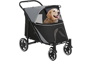 PawHut Dog Stroller, Foldable Pet Pram Dog Pushchair Buggy with Adjustable Canopy for Medium and Large Breeds, Black