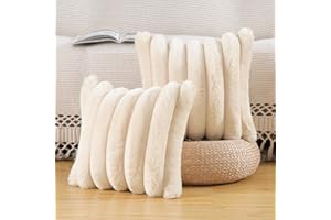 Madizz Lot de 2 Housses de Coussin en Peluche en Fausse Fourrure Housse de Coussin décorative Douce à Rayures moelleuses pour Coussin de Chambre à Coucher de canapé Beige 50 x 50 cm