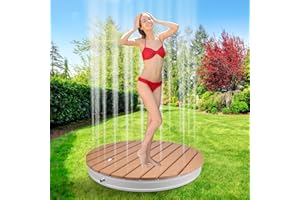 Bsteciar Garden Shower Floor Shower Outdoor Shower with Adjustable Foot Wheel, Aluminium WPC Non-Slip Round Outdoor Floor Shower Camping Shower with 4 m Fountain Height for Pool, Camping, Sauna