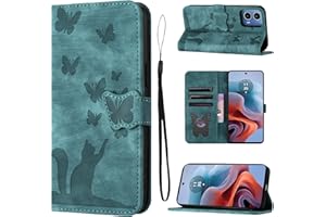 LSPCASA Phone Case For Motorola Moto G34 6.5 inch Premium PU Leather Material Motorola G34 Case With Card Slots Cat Butterfly Pattern Cover For Motorola G34 5G Green