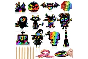 JULMELON 48 Pcs Halloween Scratch Paper Art, Halloween Magic Rainbow Scratch Paper Off Cards Set DIY Crafts Halloween Party Favors Educational Toys Games Halloween Ornaments