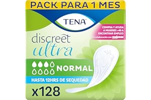 TENA Discreet Normal Ultra 8 x16 - son nuestras compresas más finas y ofrecen protección discreta y segura para las pérdidas de orina leves - 128 Bolsitas Individuales - Paquete Mensual. Ultrafina.