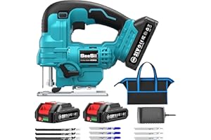 Seghetto Alternativo a Batteria Seesii 21V, Seghe da traforo Elettrico con 2 Batterie da 2.0 Ah, Velocità Variabile 2800 Giri/Minuto per Taglio Legno, Illuminazione LED, Tagli Obliqui 0°-45°