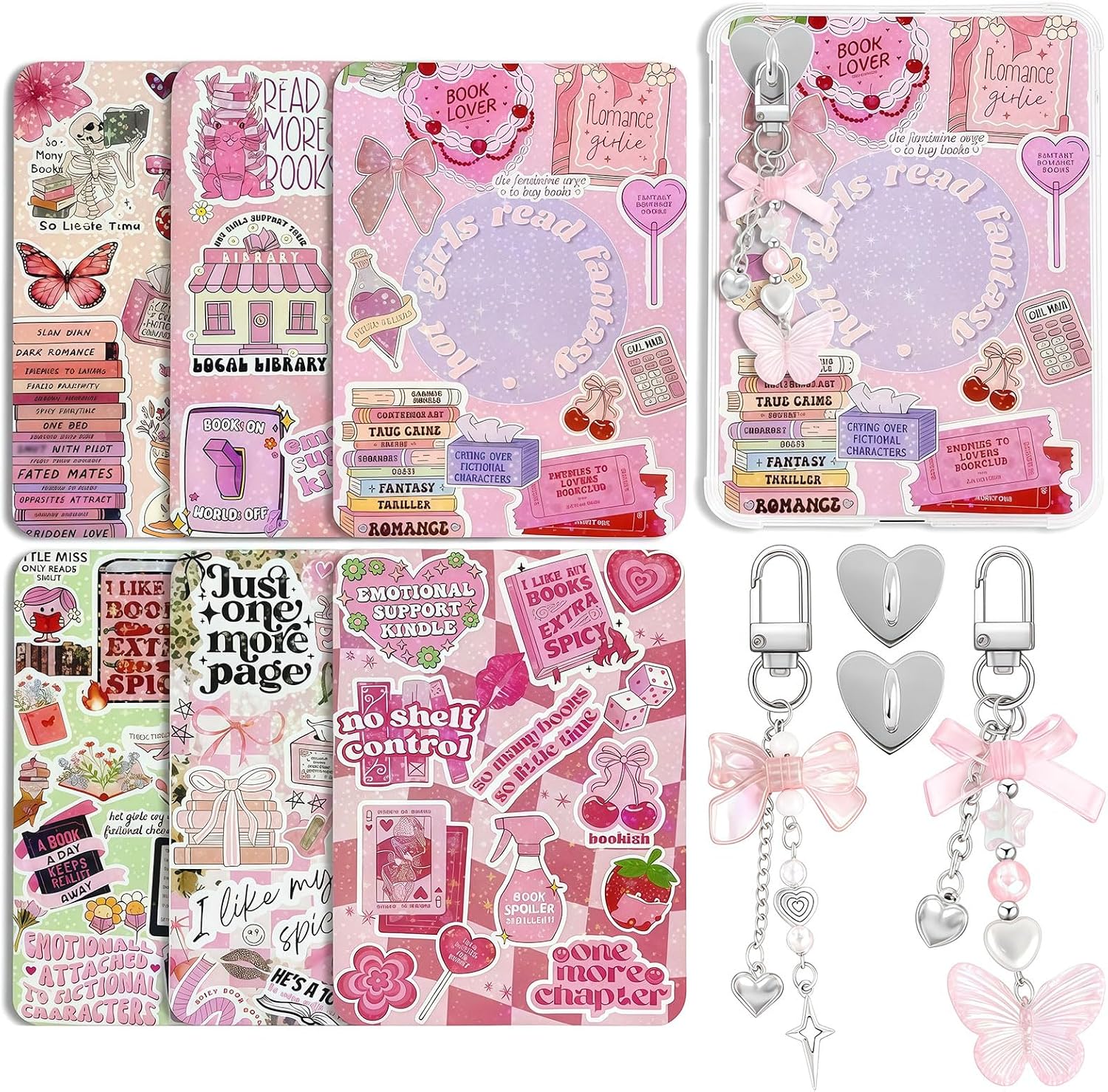 VelvetGlow 6 Pcs Inserts Cardstock For Kindle Paperwhite Clear Case 2Pcs E-Reader Phone Charm Bracelets Decor For Women Reader Booklovers Pink Theme Inserts Booklovers Gifts For Paper White 11th-12th