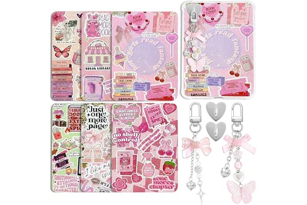 VelvetGlow 6 st infogningskort och 2 st pärlberlocker för E-läsarfodral, rosa dekorationsset kompatibel med Paperwhite 11:e/12:e generationen, tillbehörspresent för bokälskare