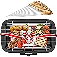 EVIZIA 2000W Electric Smokeless Portable Adjustable Temperature Control Indoor&Outdoor Barbeque Grill Set For Home Removable Water Filled Drip Tray-Black(Electric Bbq With Skewers) Free Standing