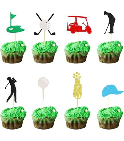 Golf-Cupcake-Aufsätze, 36 Stück – Motive: Golfschuhe, Tasche, Ballwagen, Rasen