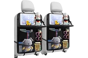 TCJJ Car Seat Organiser Car Back Seat Kick Protector With Food Tray Touch Screen Tablet Holder Mats Waterproof Kids Toy Storage Pockets, Black/2 Pack