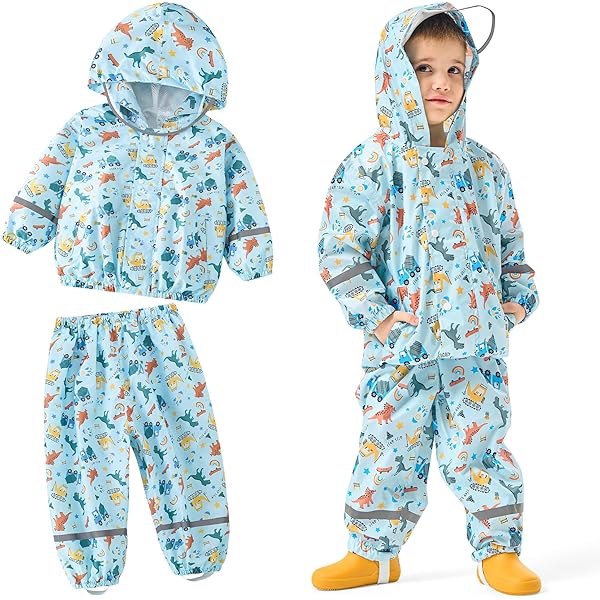 FILOWA regenpak voor kinderen baby meisjes jongens waterdichte regenjas en regenbroek ademende lichtgewicht regenkleding met reflectorkap regenset tweedelige regenkleding modderpak 1-7 jaar