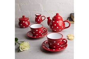 City to Cottage® Set de Tetera, Jarra de Leche y Azucarero de Cerámica Artesanal de Lunares con 2 Tazas y Platitos en Rojo y Blanco