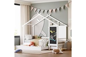 DGCZYXGL Cama infantil cabaña 90 x 200, cama infantil de pino macizo, cama infantil con valla y somier de láminas, camas para niños con pizarra negra y 2 cajones, (sin colchón) (blanco con pizarra negra)