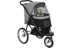 ‎PAWHUT PawHut Hundewagen Jogger Hundebuggy klappbar für kleine Hunde & Katzen bis 10 kg Katzenbuggy mit 3 große Gummiräder, Kissen Netzfenstern Aufbewahrungskorb Katzenwagen mit Sicherheitsleinen, Grau