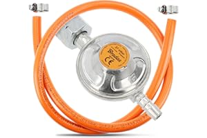 INSTALGURU BRADAS® regulator gazu reduktor ciśnienia 37 mBar – 1,5 kg/h, z wężem gazowym o długości 1 m + 2 obejmami do węża propanu, butanu, zestaw przyłączeniowy | grill kempingowy regulator ciśnienia gazu