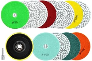 QUEFORET Diamant Polierpads Set 14 Stücke - 12 Stücke 100mm Nass Polierscheiben (Körnung 50/100 x 3, 200/400 x 2, 800/1500), 1 Stück Polierteller, 1 Stück Adapter für Granit Marmor Quarz Kunststein