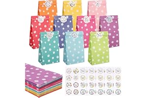woric 50 sztuk kolorowych torebek papierowych, 22 x 12 x 7 cm, torebki na prezenty urodzinowe dla dzieci, małe, z 60 naklejkami (w języku niemieckim), torebki na słodycze, upominki, na urodziny
