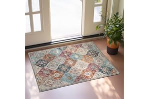 Xfrog Moroccan Floral Area Rug, 60x110cm Entryway Rug Non-Slip Washable Small Rug, Ultra Soft Antique Print Vintage Distressed Low-Pile Indoor Door Mat Floor Cream Carpet for Entrance Kitchen Bathroom