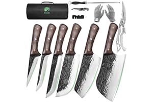 FULLHI Juego de cuchillos de carnicero con tijeras Cuchillo deshuesador forjado a mano Cuchillo de pescado de acero al carbono para cocinar, acampar y hacer BBQ (Marrón, Nuevo 12 PCS)