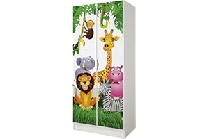leomark armadio bianco 70 x 42,5 x 161,5 cm alla stanza del bambino, capiente e funzionale armadio in legno con ante, solido appendiabiti, mobili per bambini, Animali