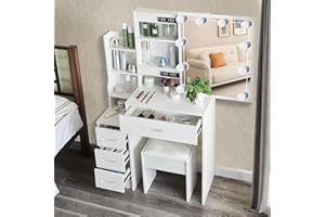 Saimeihome White Dressing Table with Dimmable Lighted Mirror, Vanity Desk with Cushioned Stool, Makeup Table with 4 Spacious Storage Drawers for Women Bedroom