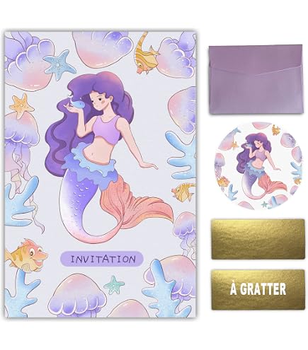 12 Cartes D'invitation Sirène Pour Anniversaire Fille - Avec Enveloppes Et Autocollants, 14x10 Cm - 5