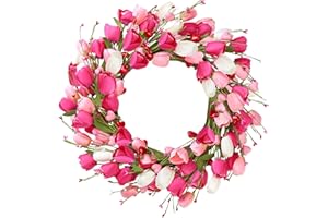 Sggvecsy Corona de tulipanes de 20 pulgadas para puerta delantera, corona de flores rosas artificiales para primavera, verano, flor de seda con corazón y bayas verdes, hojas verdes para regalos,