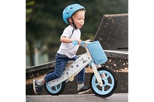 Joyz Mini-Draisienne en Bois, Vélo d'Équilibre Bleu, Vélo d'apprentissage Enfants +2 Ans, Siège Réglable, Roues EVA Increvables 11 Pouces, Sac en Tissu, Sonnette, Poignée Transport, Tricycle Éducatif