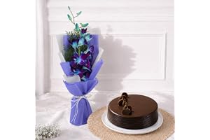 FNP Purple Flower Bouquet with Truffle Cake Combo | Fresh Floral Arrangement with Green Morpankhi Leaves