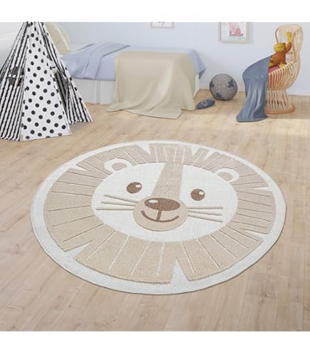 Paco Home Tapijt Rond Voor Kinderen Vloerkleed Kinderkamer Leeuwenhoofd Berenhoofd Wasbaar In Wasmachine Modern, Maat: 100 cm rondje, Kleur:Beige