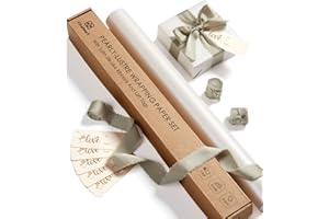 Vitalizart 43cm x 5m Carta da Regalo Bianco, Perlata con Nastro di Raso di Chiffon Verde Salvia & Etichette Regalo Riciclabili, Rotolo di Carta da Regalo per Natale, Compleanno & Matrimonio