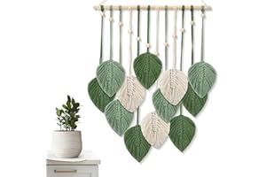 ASMPCUE Boho Macrame da Parete, Arazzo Fatto a Mano Decorazione da Parete con Perline di Legno e 12 Arazzi con Foglie per Soggiorno, Camera da Letto, Cameretta dei Bambini, 20 x 27,5 Pollici (Verde)