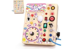 KONIJIWA Unicorn Giochi Montessori 1 anno per Bambini Montessori Busy Board Giochi Legno con 10 Interruttori e 23 luci LED Giochi Sensoriali Giocattolo sensoriale di apprendimento Adatto per 1 2 3 4 anni
