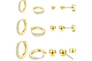 Morfetto 6 Pares Conjuntos de Aretes de para Piercings Múltiples Aretes de Aro Pequeños Chapados en Oro de 14K Aretes de Tachuela con Espalda Plana Piercing de Hélice de Concha de Aro de Cartílago