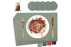 HELI MIAO Tischsets Abwaschbar,Platzsets Abwischbar, Leder,Hitzebeständig Doppelseitigen I 6er Set Platzdeckchen Lederoptik mit Untersetzer,Tischuntersetzer rutschfest,Salbeigrün