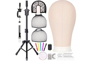 TWOWIN 24 Inch Wig Head,Wig Stand Tripod with Head,Canvas Wig Head,Mannequin Head for Wigs,Manikin Canvas Head Block Set for Wigs Making Display with T Pins Set Bristle Brush