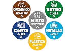 EVEREST ADV 6 Adesivi per Raccolta Differenziata Rotondi | Diametro cm 9,5 | Etichette per Contenitori Rifiuti in Italiano ed Inglese | 6 Pezzi