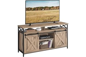 VASAGLE Mobile TV per Televisore fino a 65 Pollici, Tavolino Porta TV con Ripiani Regolabili, Ante Stile Fienile, Vintage, Struttura in Metallo, Marrone Cammello e Nero Semplice LTV071B50V1