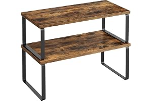 SONGMICS Kryddställ, set med 2 hyllorganisatörer, expanderbar kökshylla, stapelbar kryddhållare, metall och konstruerat trä, bläck svart och rustik brun KCS200X01