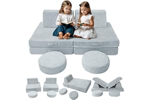 MeMoreCool Kids Play Sofa, Modular Toddler Couch Chair for Playroom, 8-Piece Fold Out Bed Play Set, Children Convertible Sofa with Rocket, Star and Moon