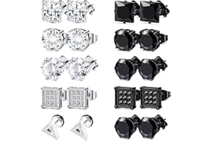 INPION 10 Pairs Men's Black Earrings, Stainless Steel Black Stud Earrings Square Diamond Stud Earrings Zirconia Earrings Set for Men Boys Gift for Birthday Father's Day Christmas