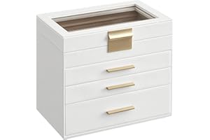 SONGMICS Boîte à Bijoux, Écrin à Accessoires 4 Niveaux, Coffre de Rangement, Couvercle en Verre, 3 Tiroirs, pour Lunettes de Soleil, Rangement pour Bijoux, Moderne, Blanc Nuage et Doré JBC161W01