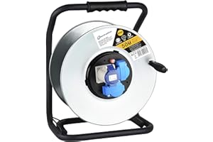Electraline 49057 Avvolgicavo, Avvolgi-Prolunghe senza cavo in metallo antiruggine per uso Professionale, Con 2 prese Schuko + 1 industriale IEC. Maniglia eronomica + Pomello rotante