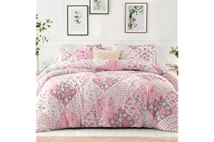 Whale Flotilla Coverless King Duvet Set, Patchwork Floral Printed Breathable King Comforter Ultra Soft Polyester Reversible Bedding Set with 2 Pillow Shams for winter, 220×230CM, Pink