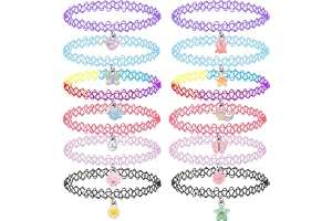 12 st choker halsband set för barn tonåringar flickor kvinnor, hänge charm enhörning regnbåge panda katt hjärta blomma sjöjungfru chokers henna tatuering stretch elastisk svart rosa grön blå