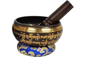BERMONI Tibetan Singing Bowl with Gold and Black Art Décor. Buddha Crafted Inside. For Meditation and Mindfulness (BLK(5BUD)-2) (B2)